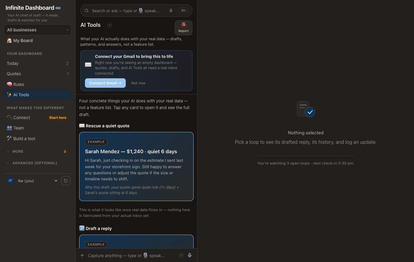 Infinite Dashboard AI Tools screen — example drafts with reasoning shown