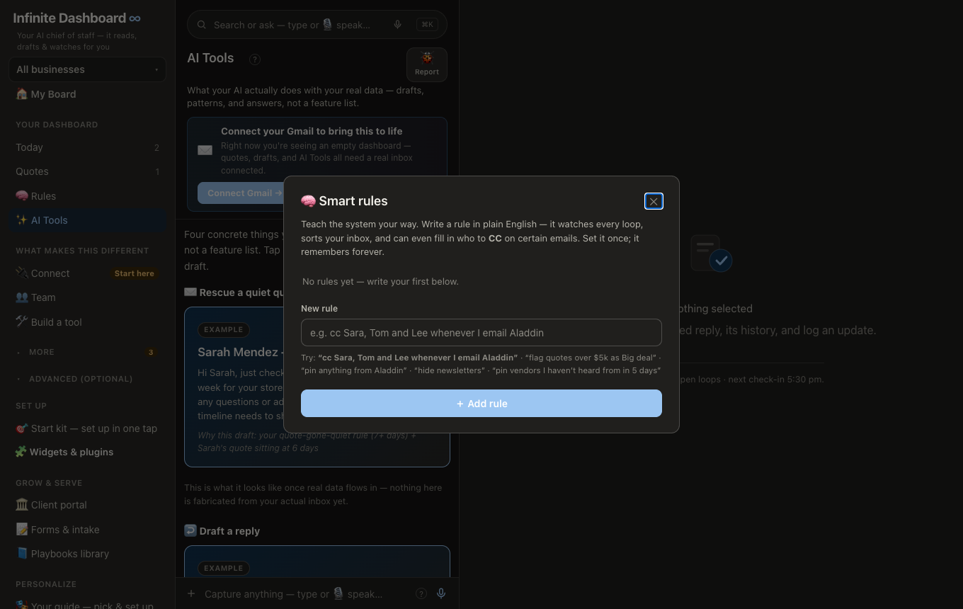 Infinite Dashboard Rules panel — plain-English instructions