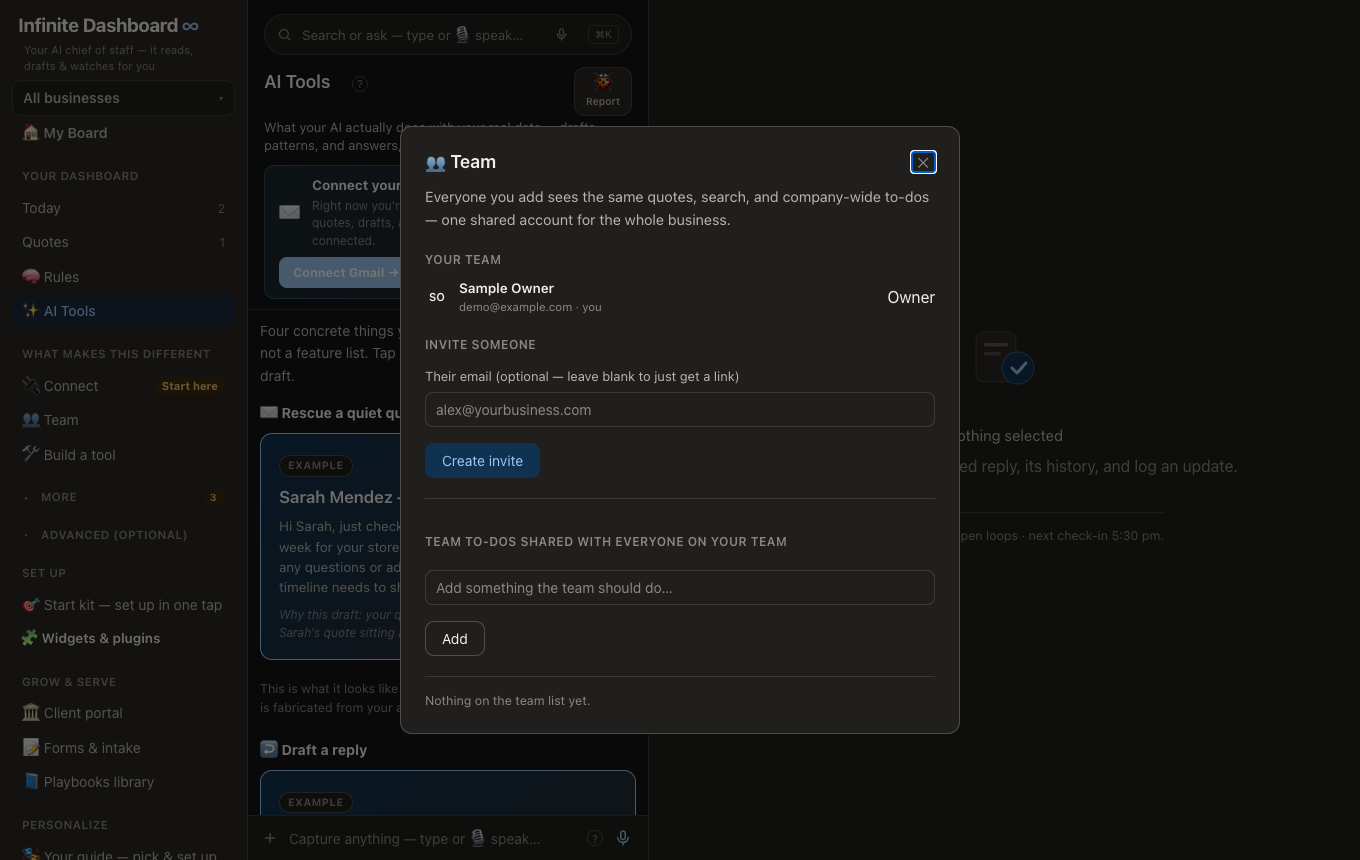 Infinite Dashboard Team panel — invite teammates, shared to-dos